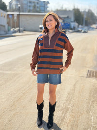 Striped Half Zip Up Top - Navy