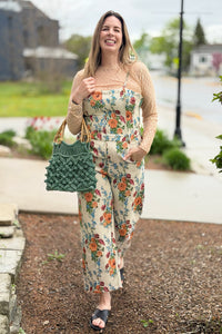 Floral Spaghetti Straps Jumpsuit - Cream