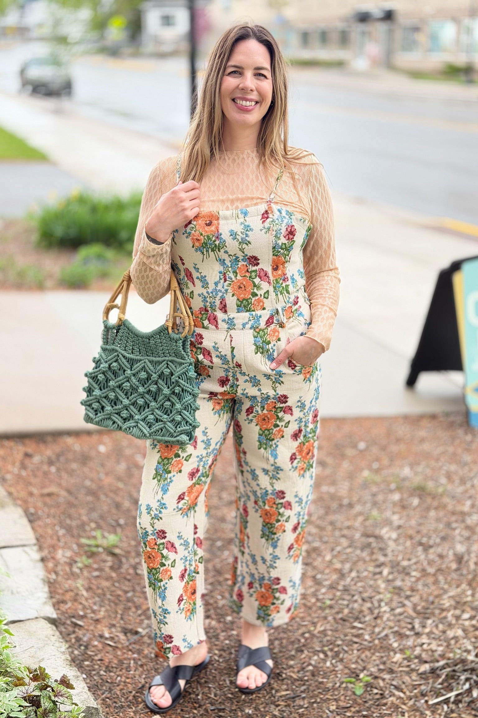Floral Spaghetti Straps Jumpsuit - Cream