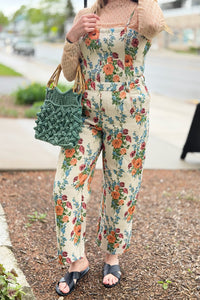 Floral Spaghetti Straps Jumpsuit - Cream