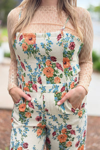 Floral Spaghetti Straps Jumpsuit - Cream