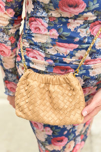 Small Woven Crossbody Bag W/Chain Strap - Tan