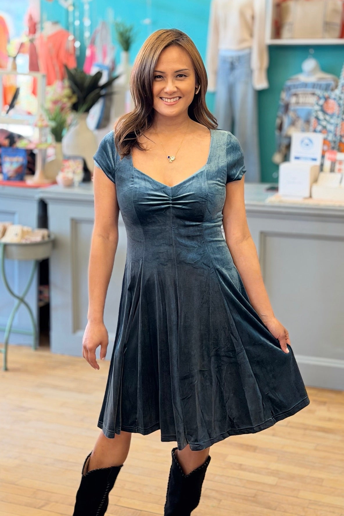 Sweetheart Velvet Dress - Teal