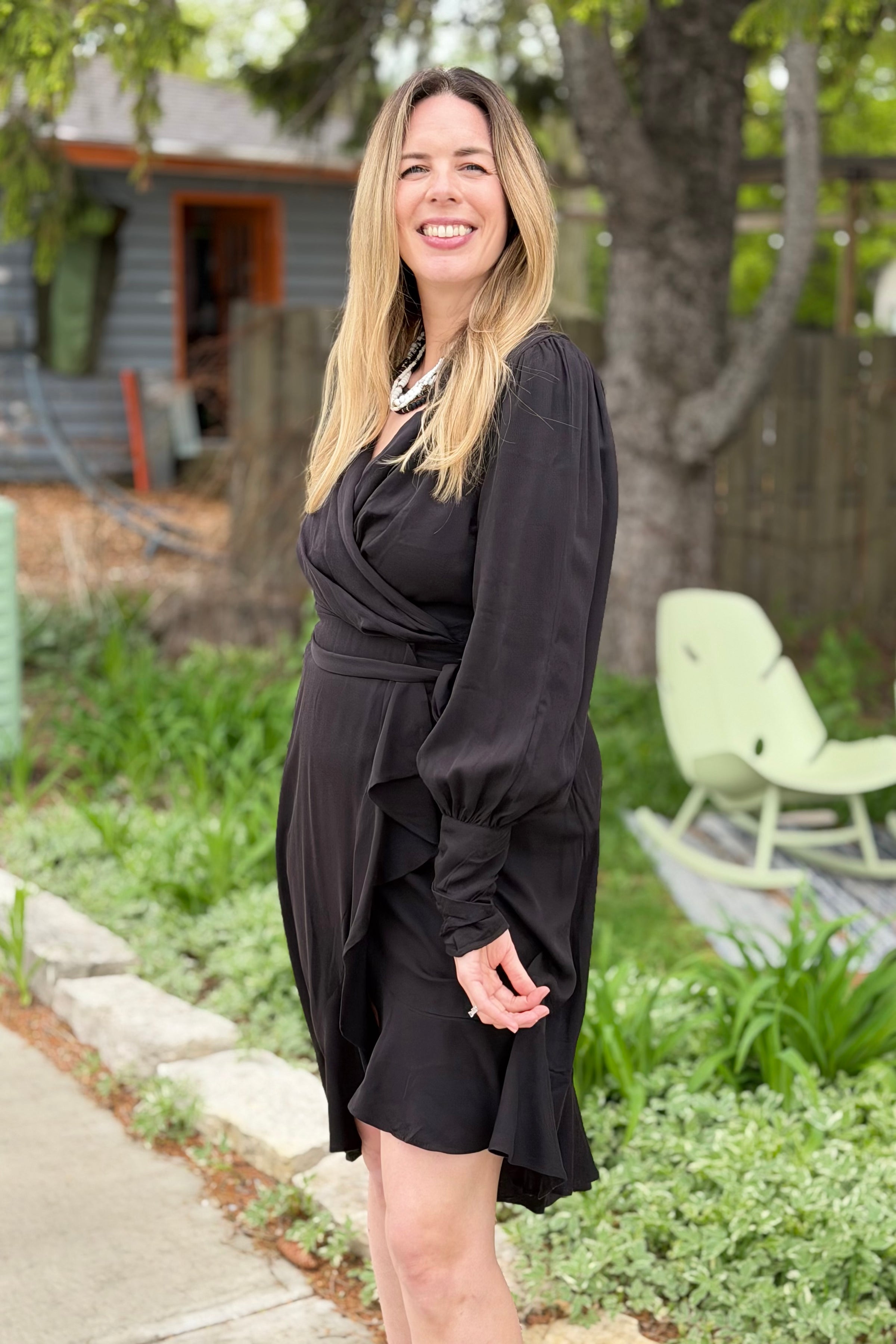 Asymmetric Wrap Midi Dress - Black