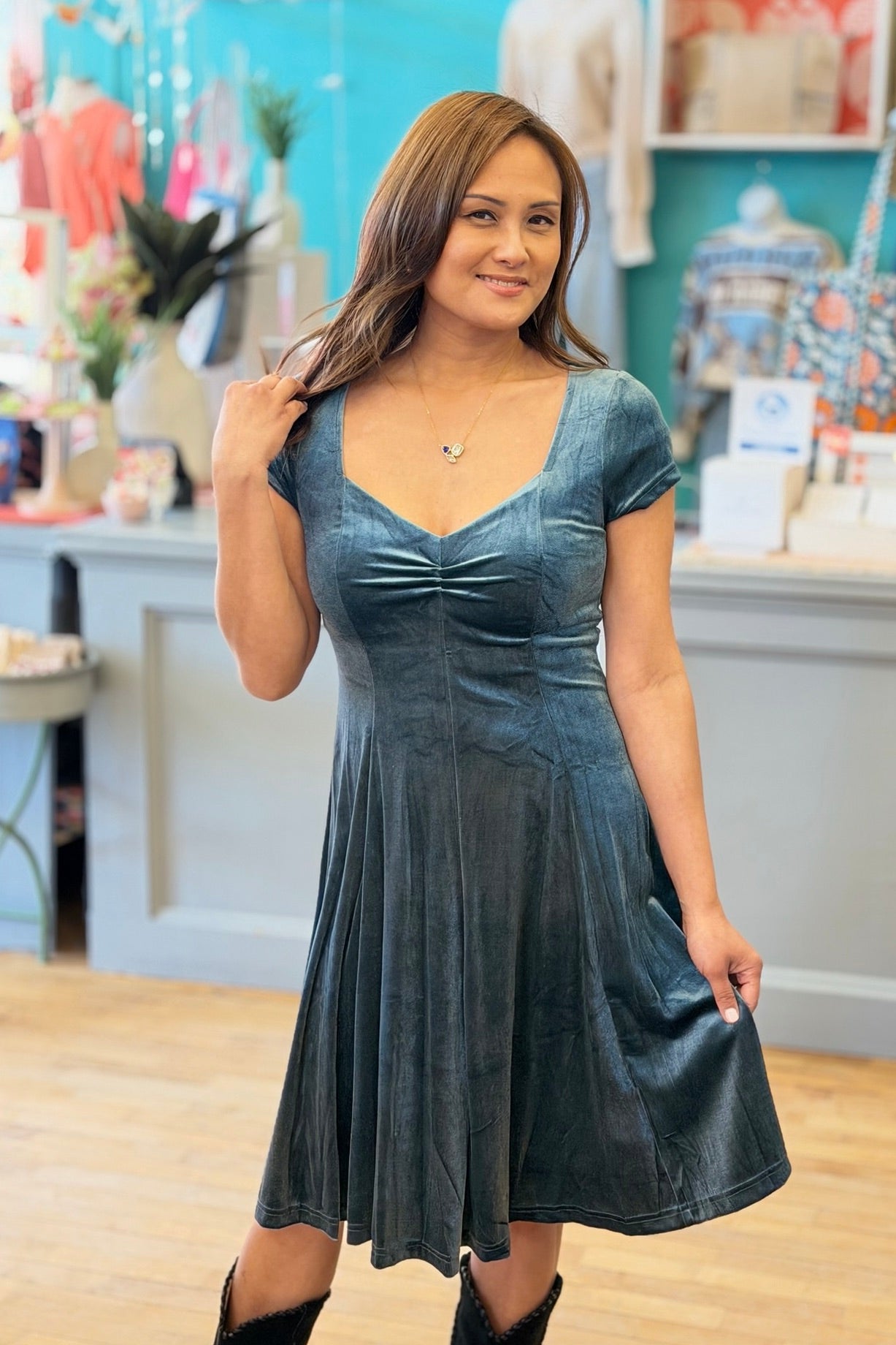 Sweetheart Velvet Dress - Teal