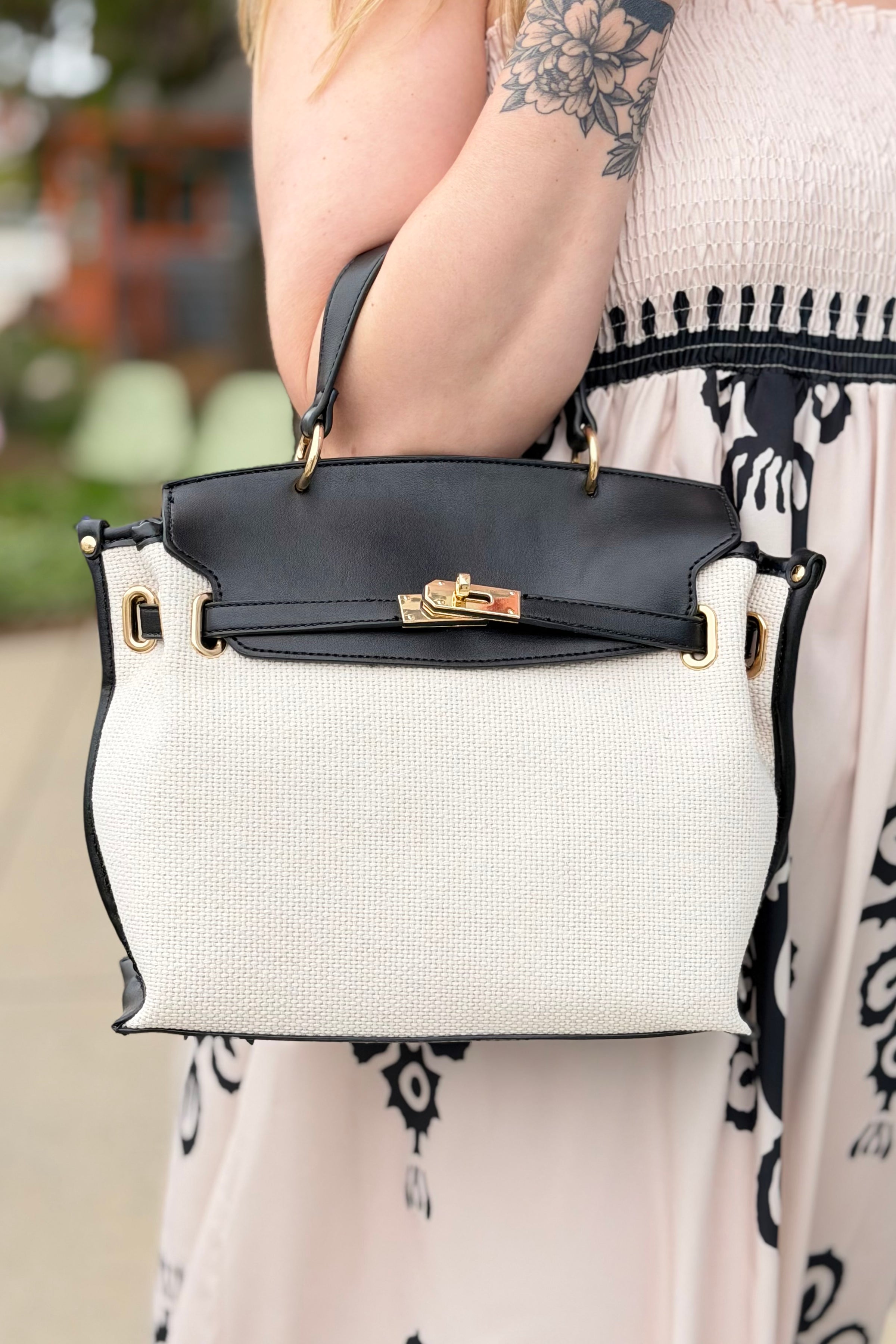 Yoana Straw Satchel & Crossbody Bag - Ivory Black