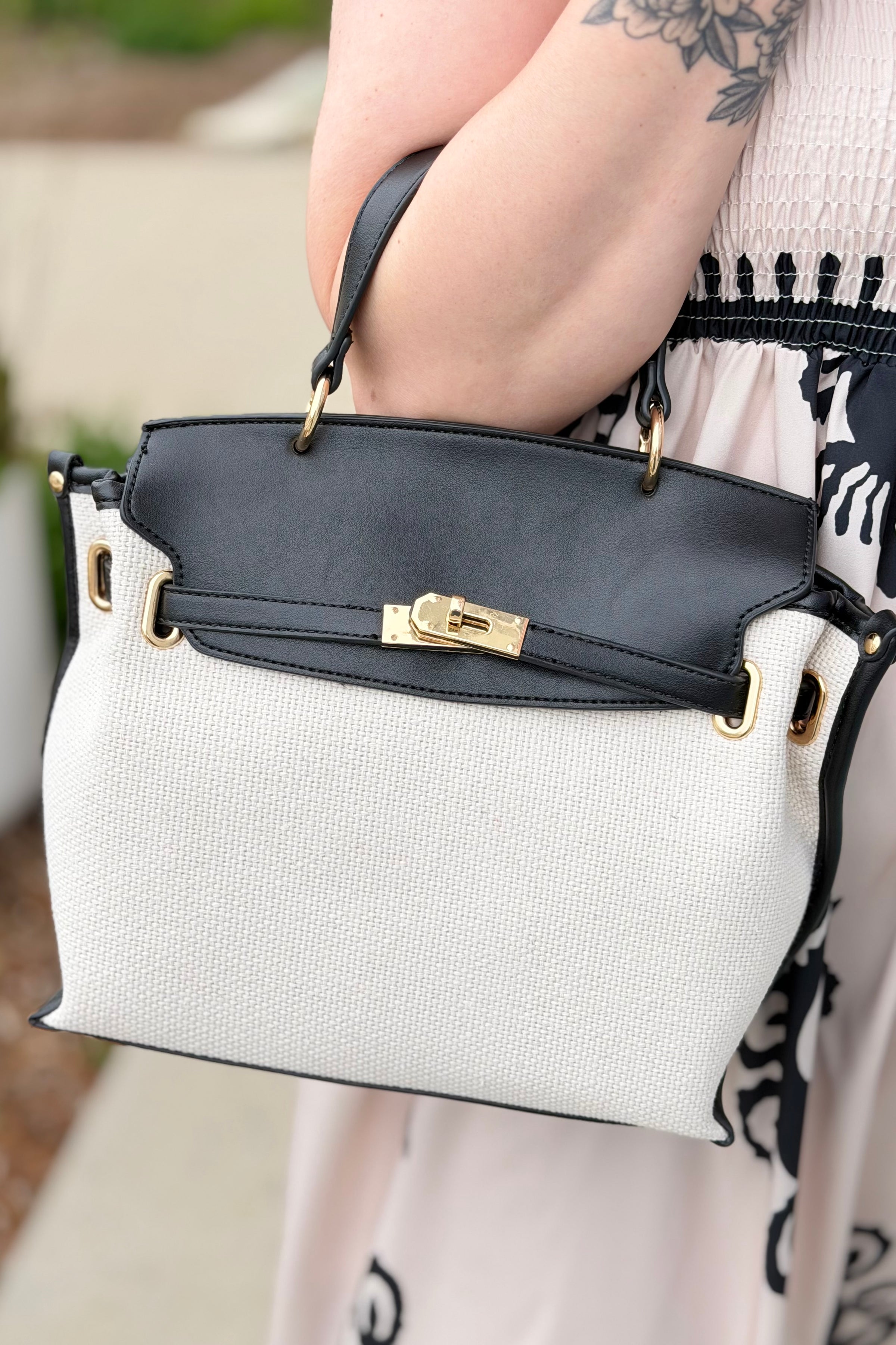 Yoana Straw Satchel & Crossbody Bag - Ivory Black