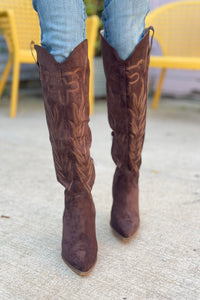 Bronco Knee High Western Boots - Coffee