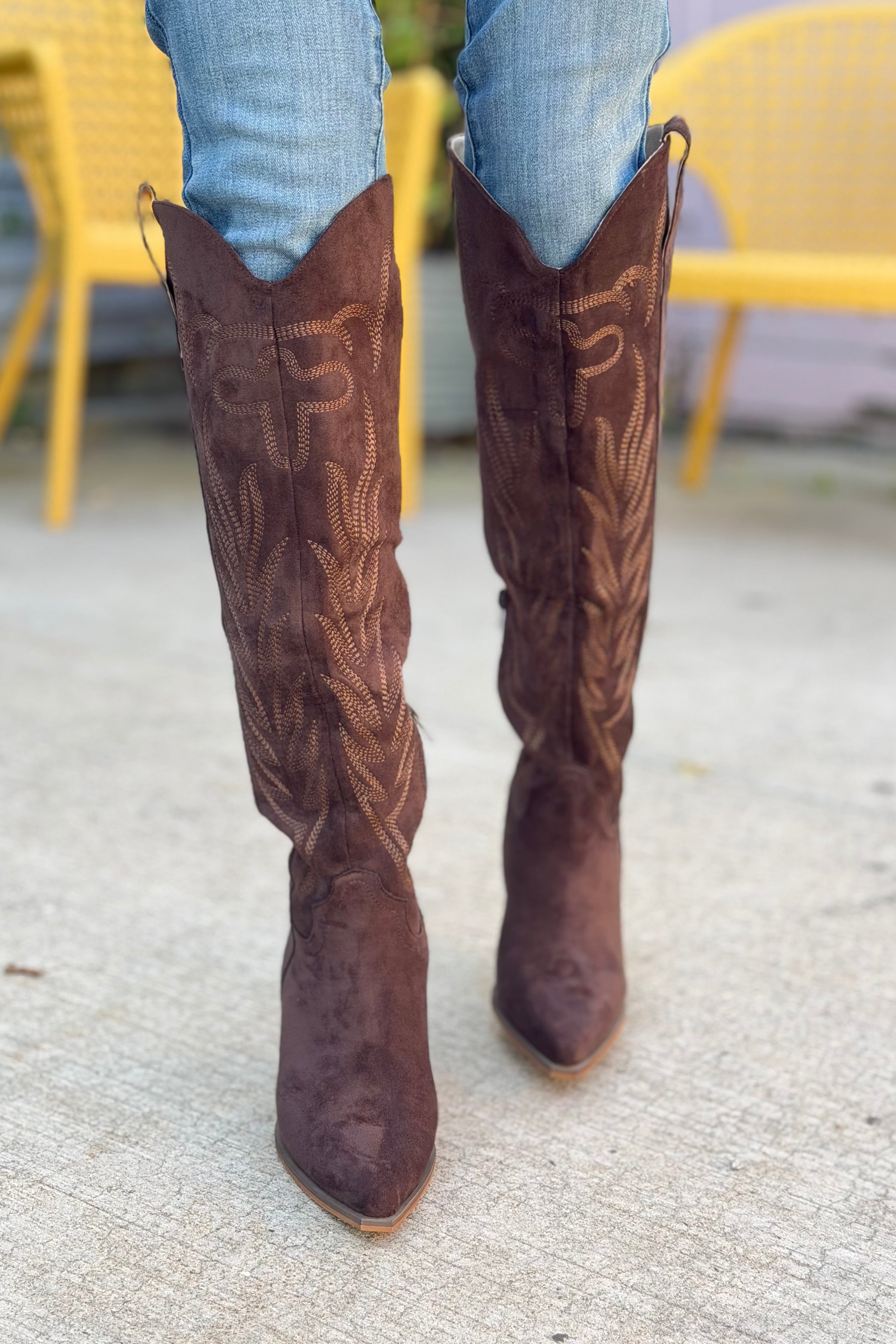 Bronco Knee High Western Boots - Coffee