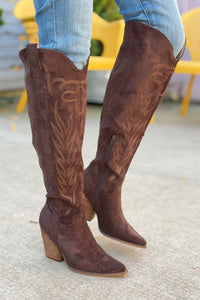 Bronco Knee High Western Boots - Coffee