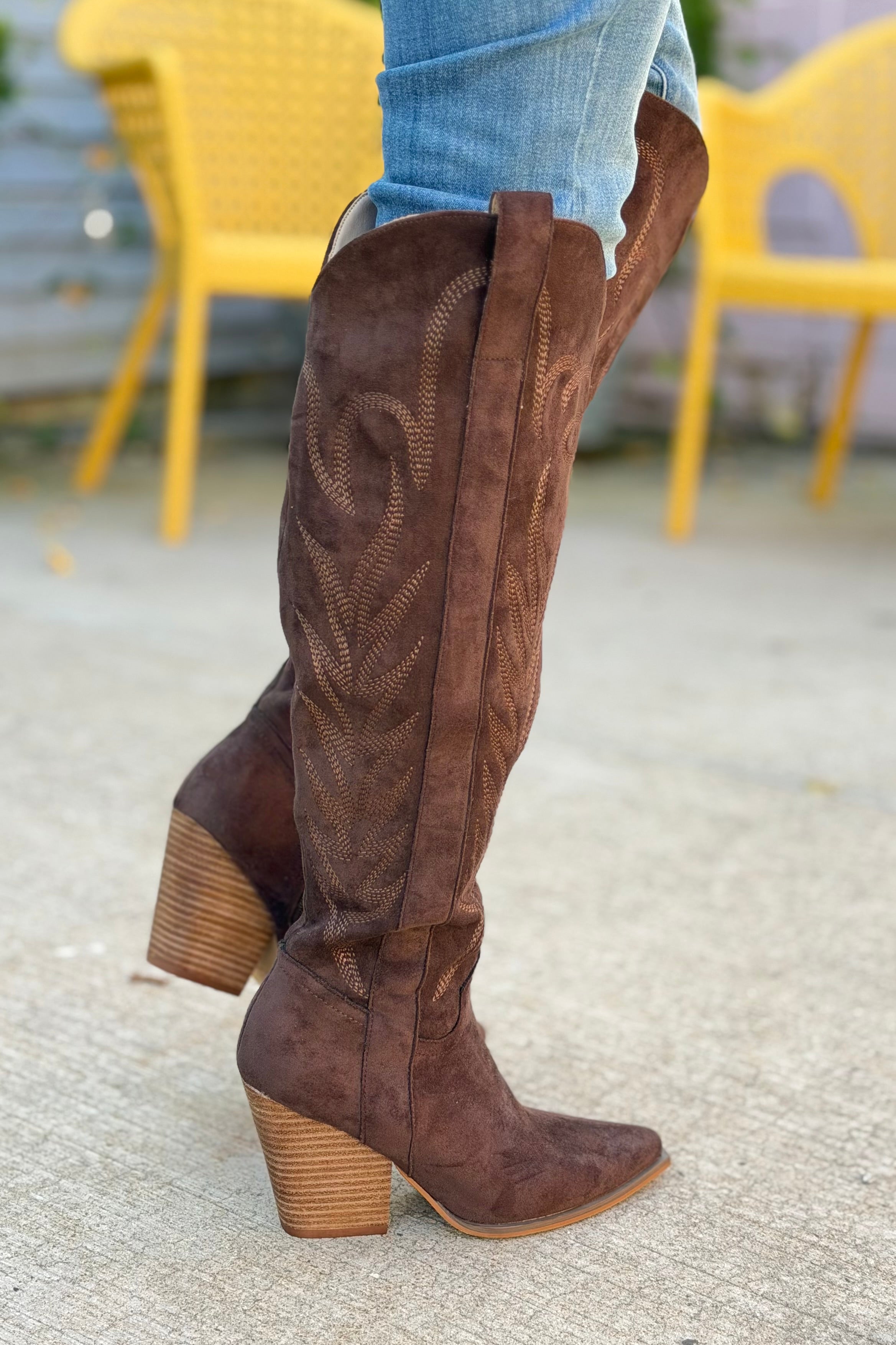 Bronco Knee High Western Boots - Coffee