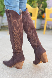 Bronco Knee High Western Boots - Coffee