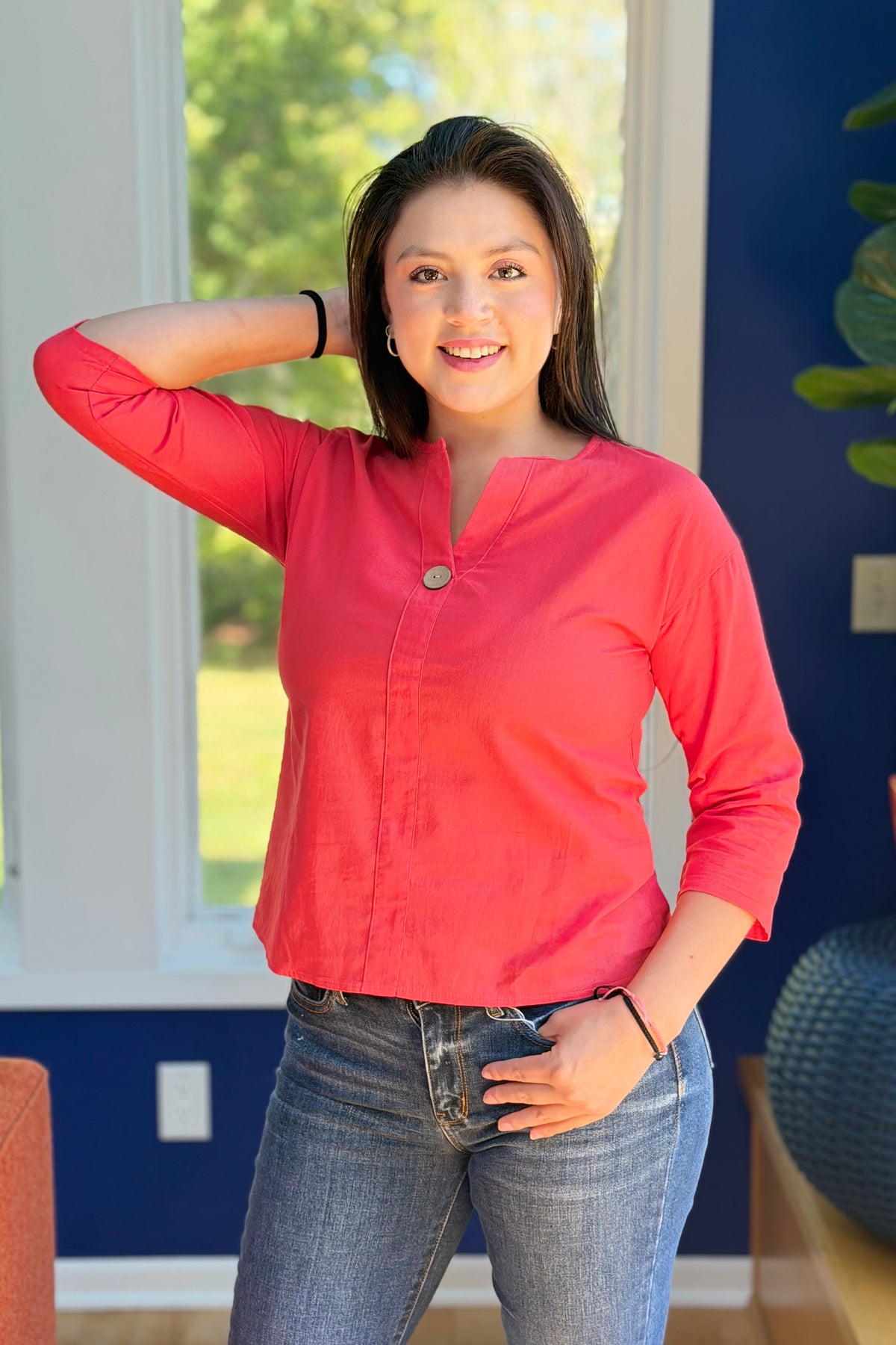 V-neck One Button Top - Coral