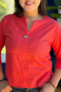 V-neck One Button Top - Coral