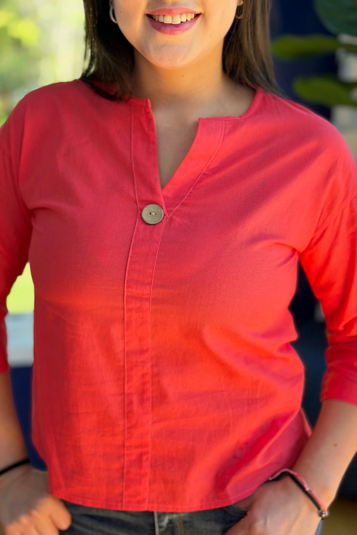 V-neck One Button Top - Coral