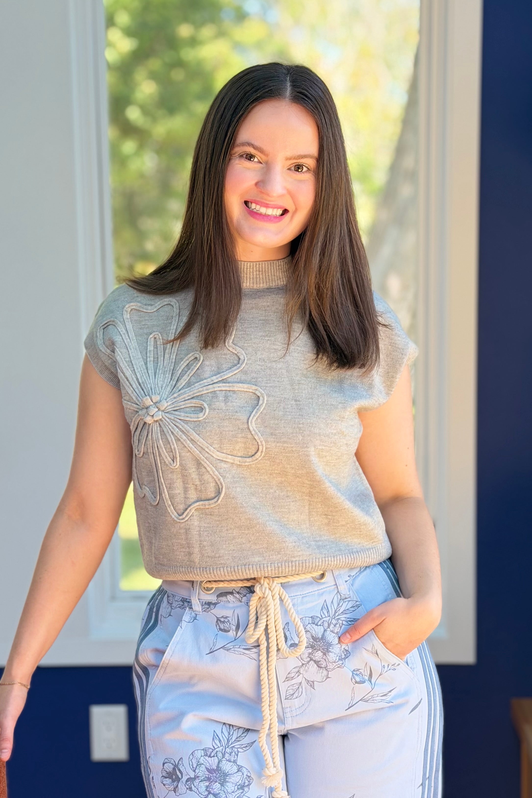 Camellia Flower Knit Top - Grey