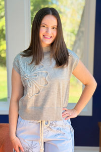 Camellia Flower Knit Top - Grey
