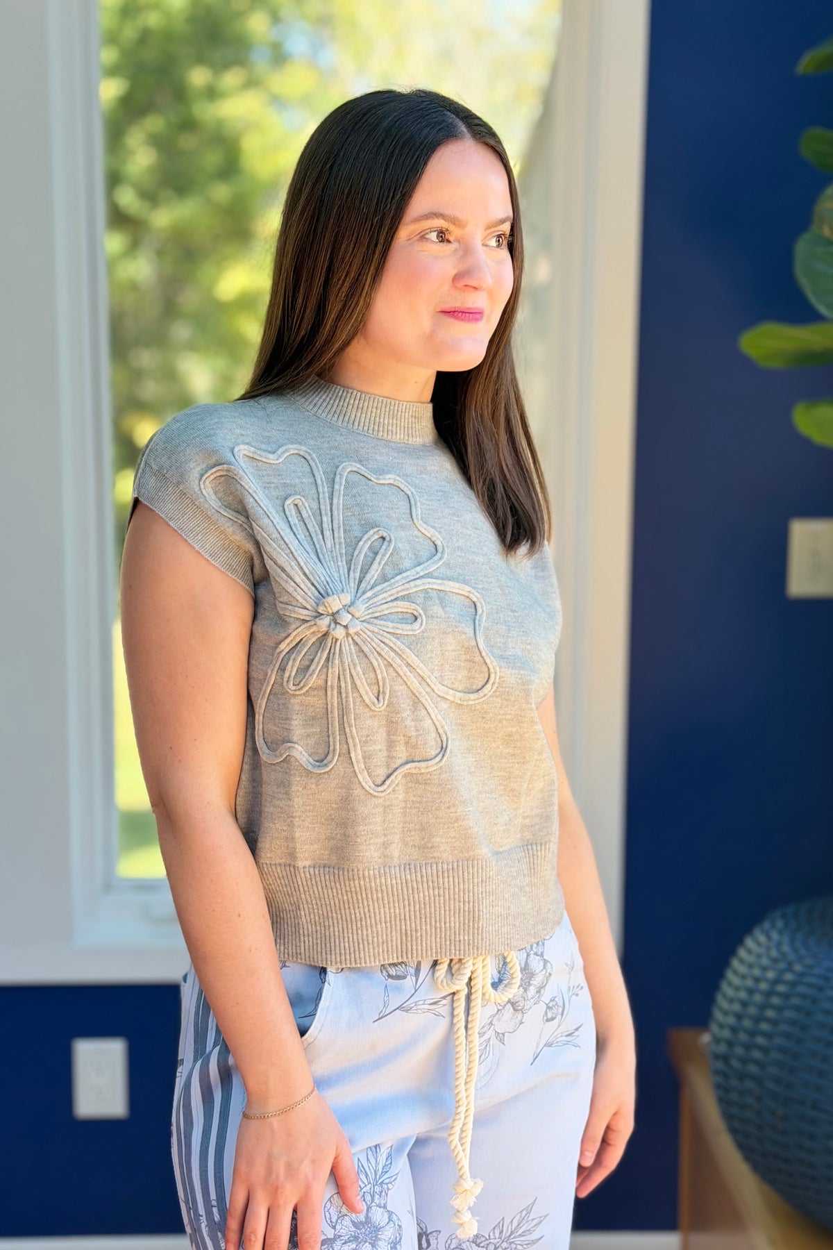 Camellia Flower Knit Top - Grey