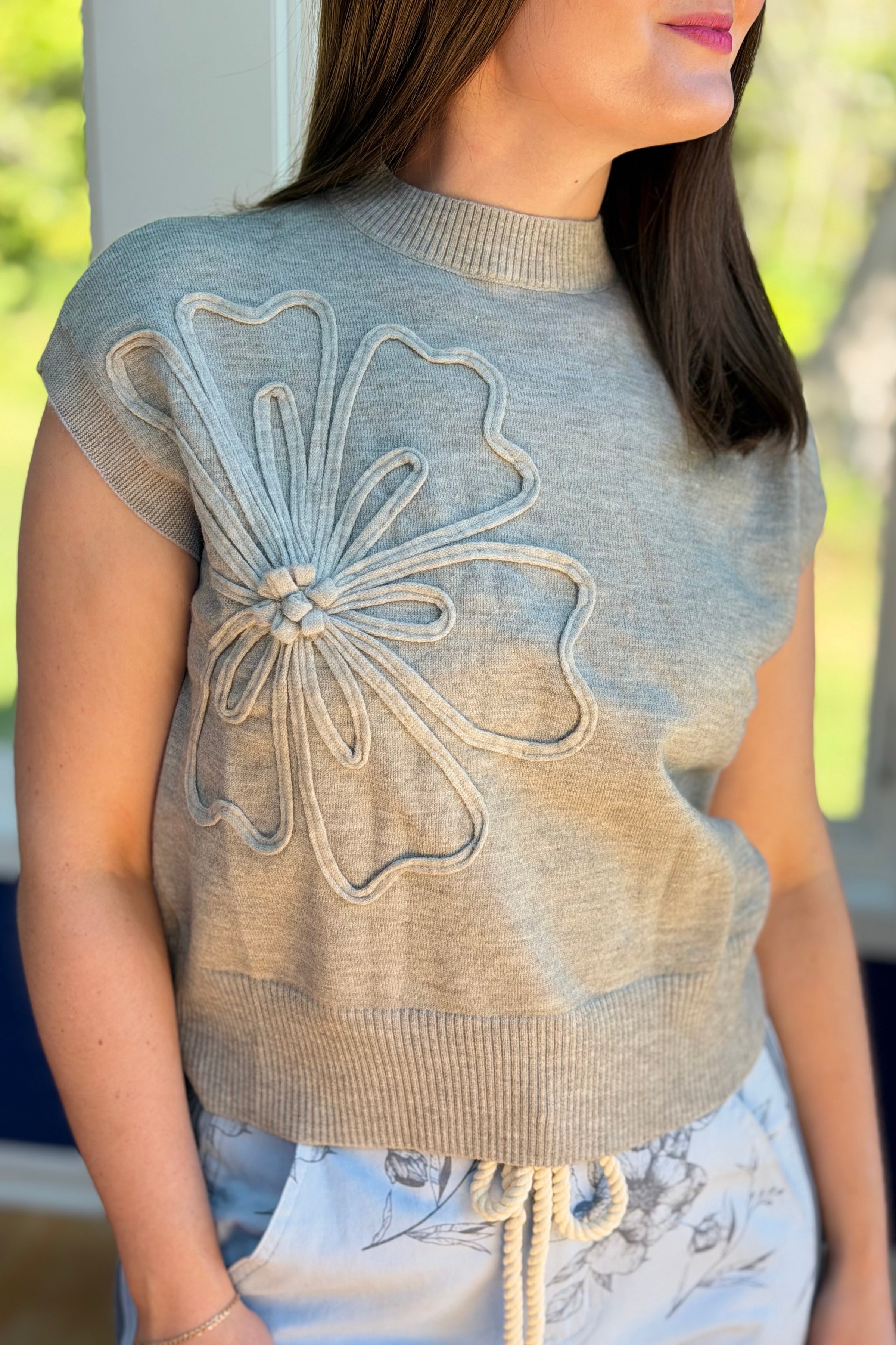 Camellia Flower Knit Top - Grey