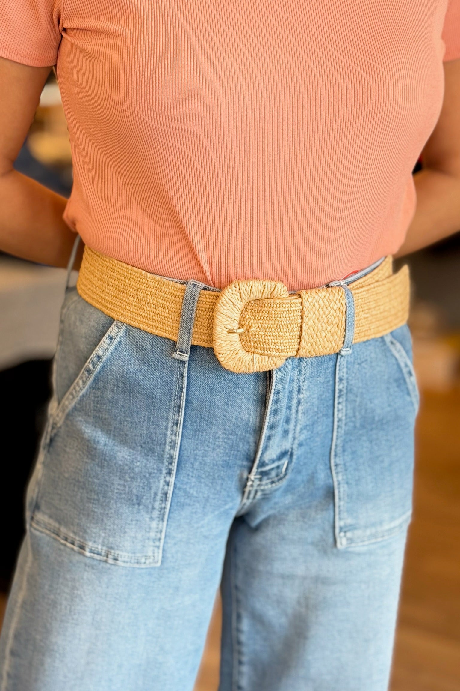 Stretchable Raffia Belt Tan