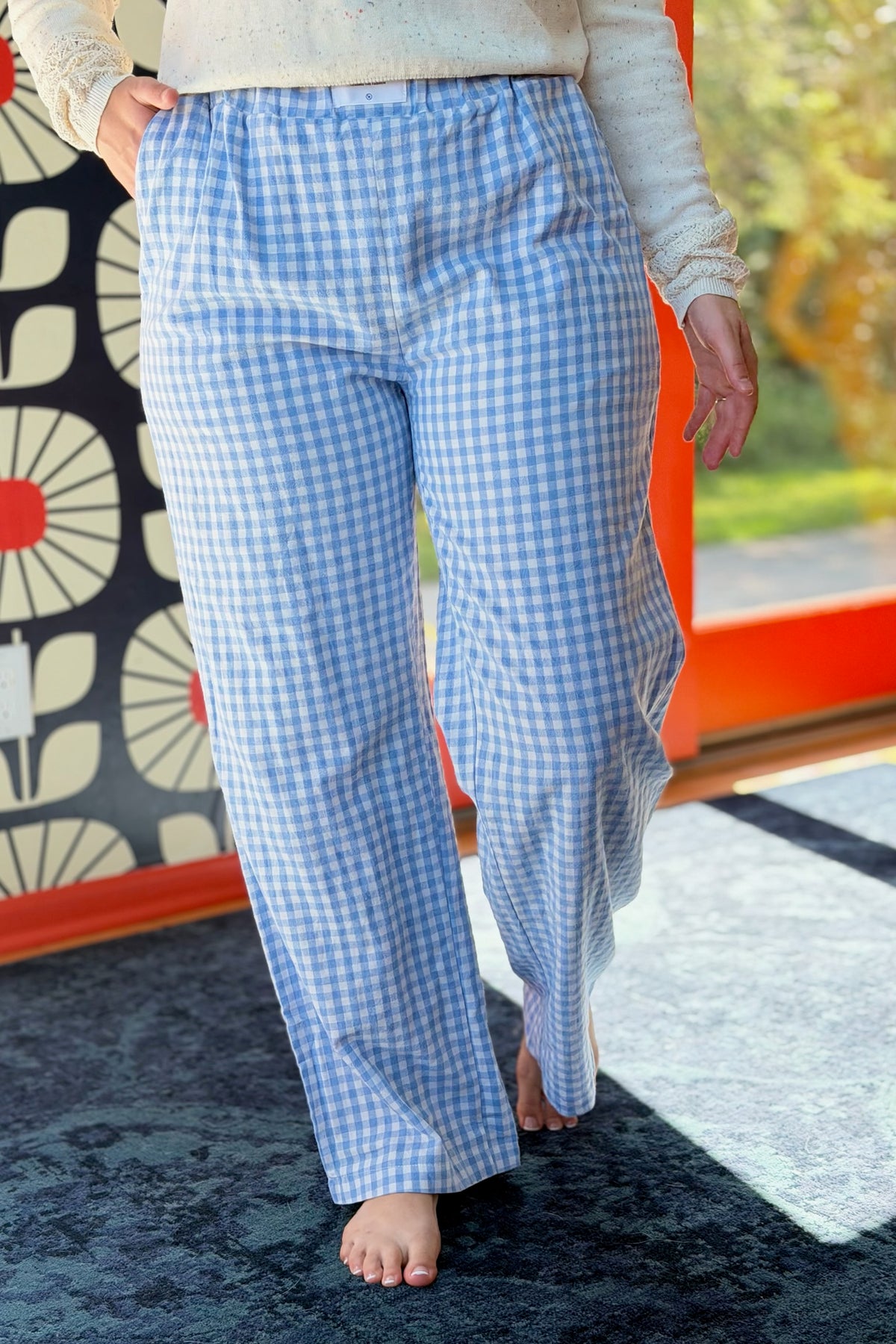 Cotton Checkered Pants - Blue