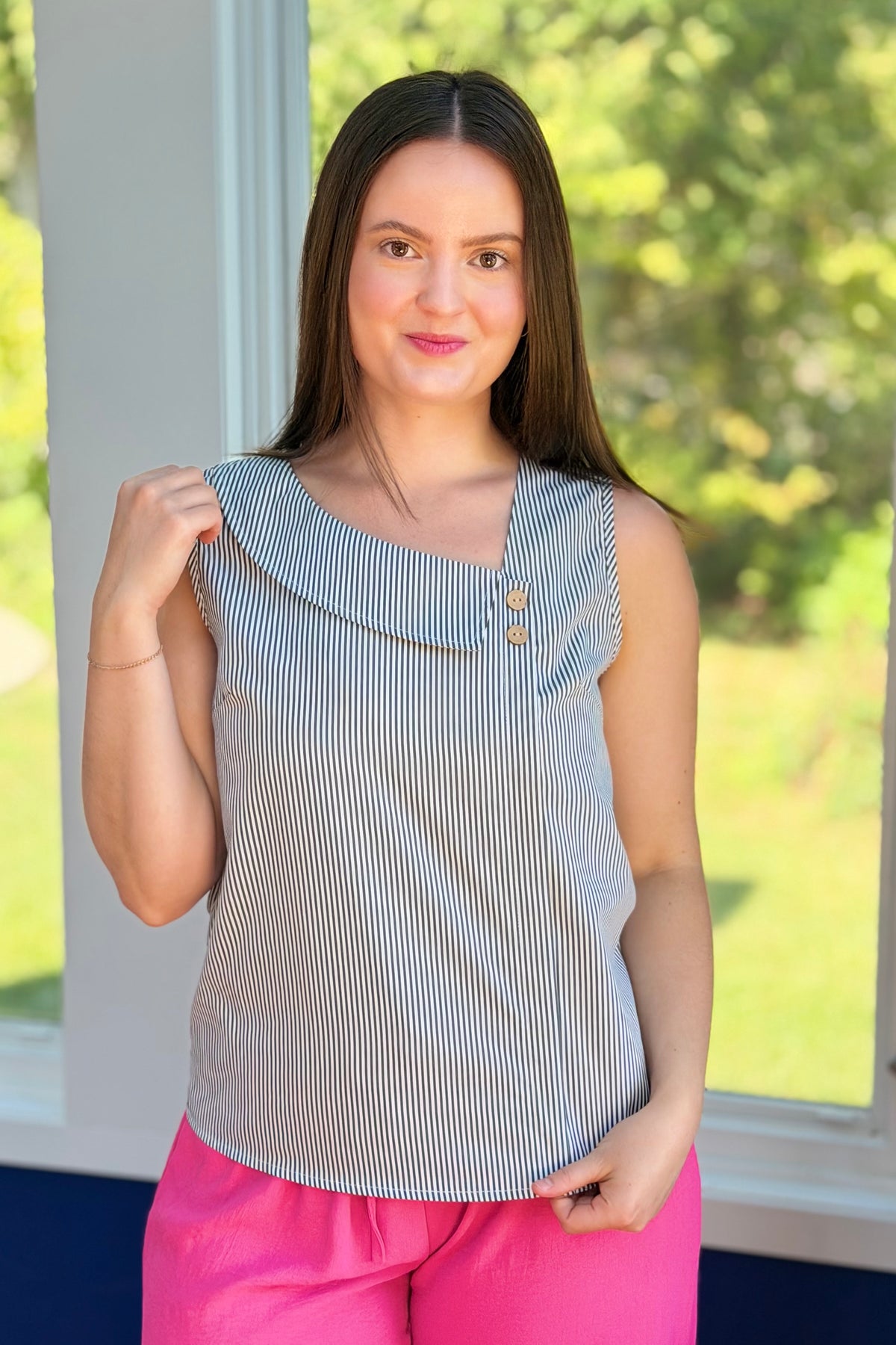 Casual Slant Collar Striped Top