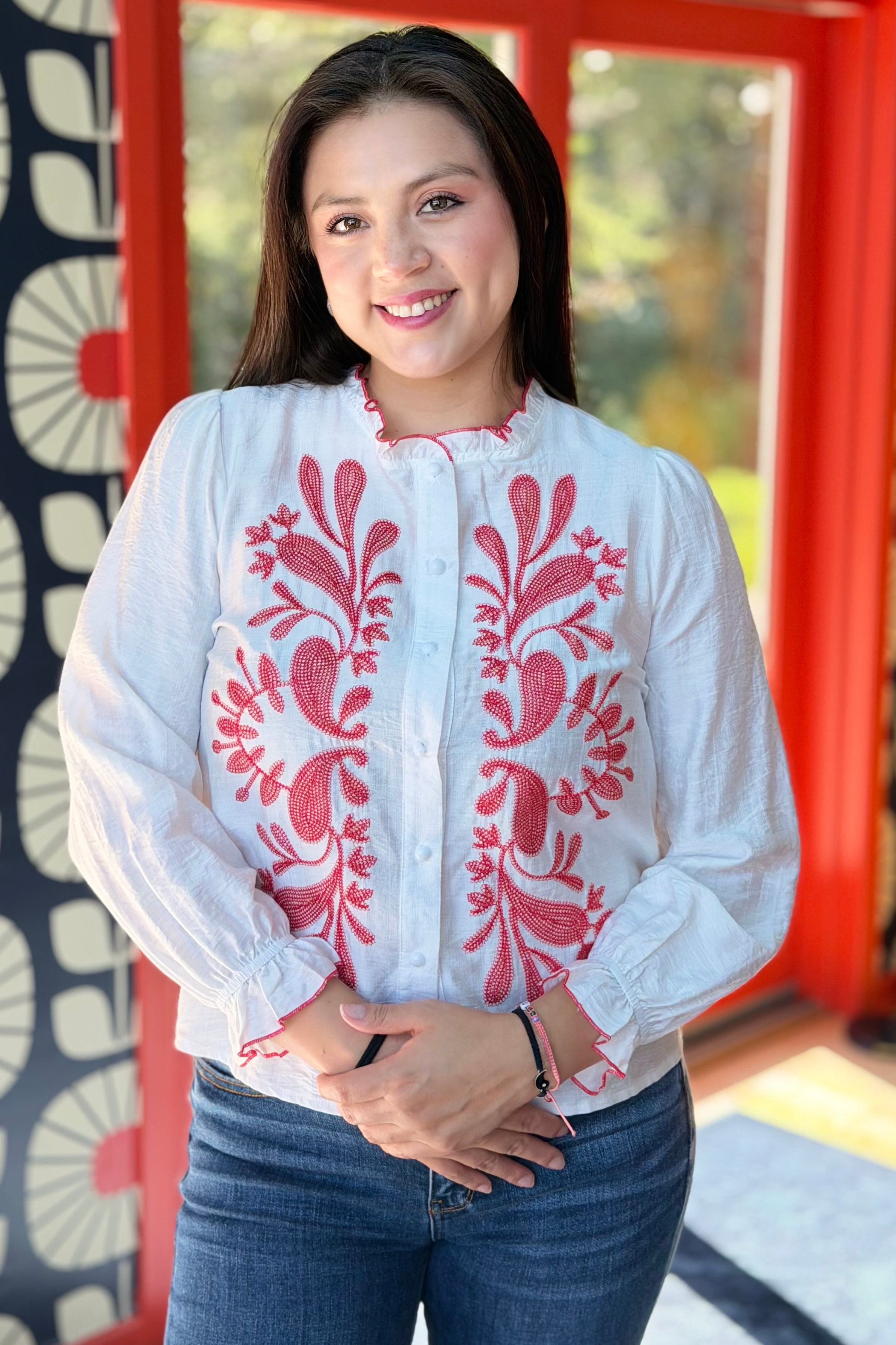 Ruffled Trim Floral Buttoned Blouse