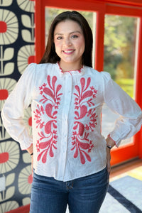 Ruffled Trim Floral Buttoned Blouse