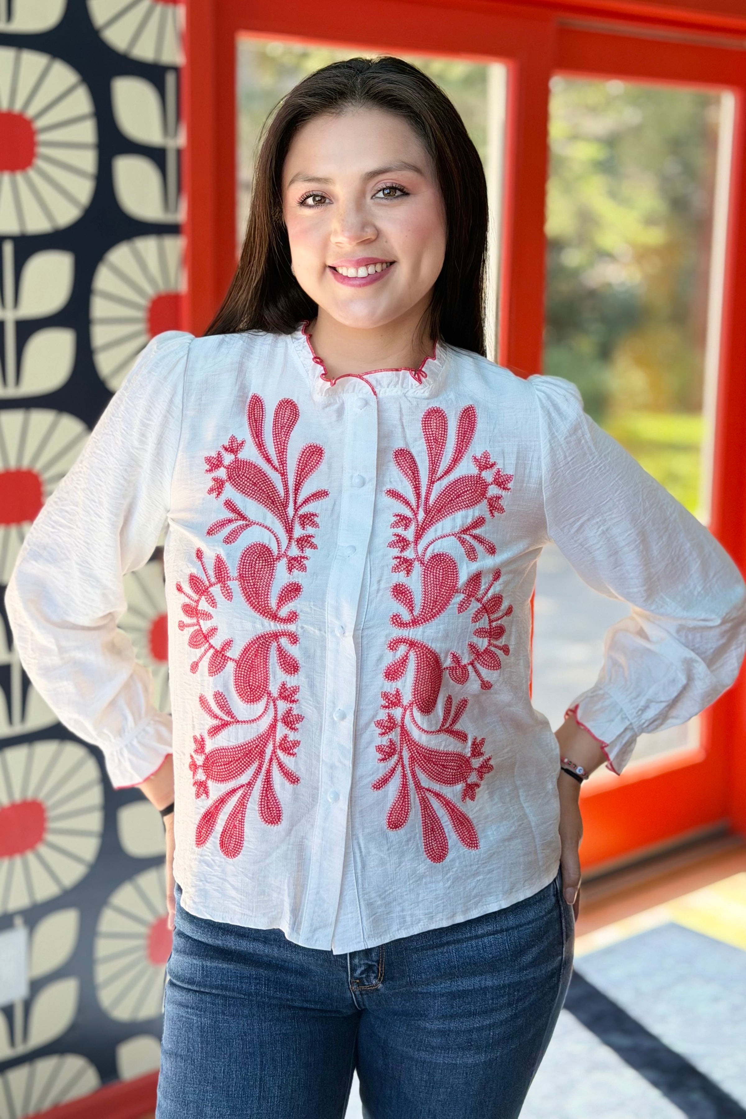 Ruffled Trim Floral Buttoned Blouse