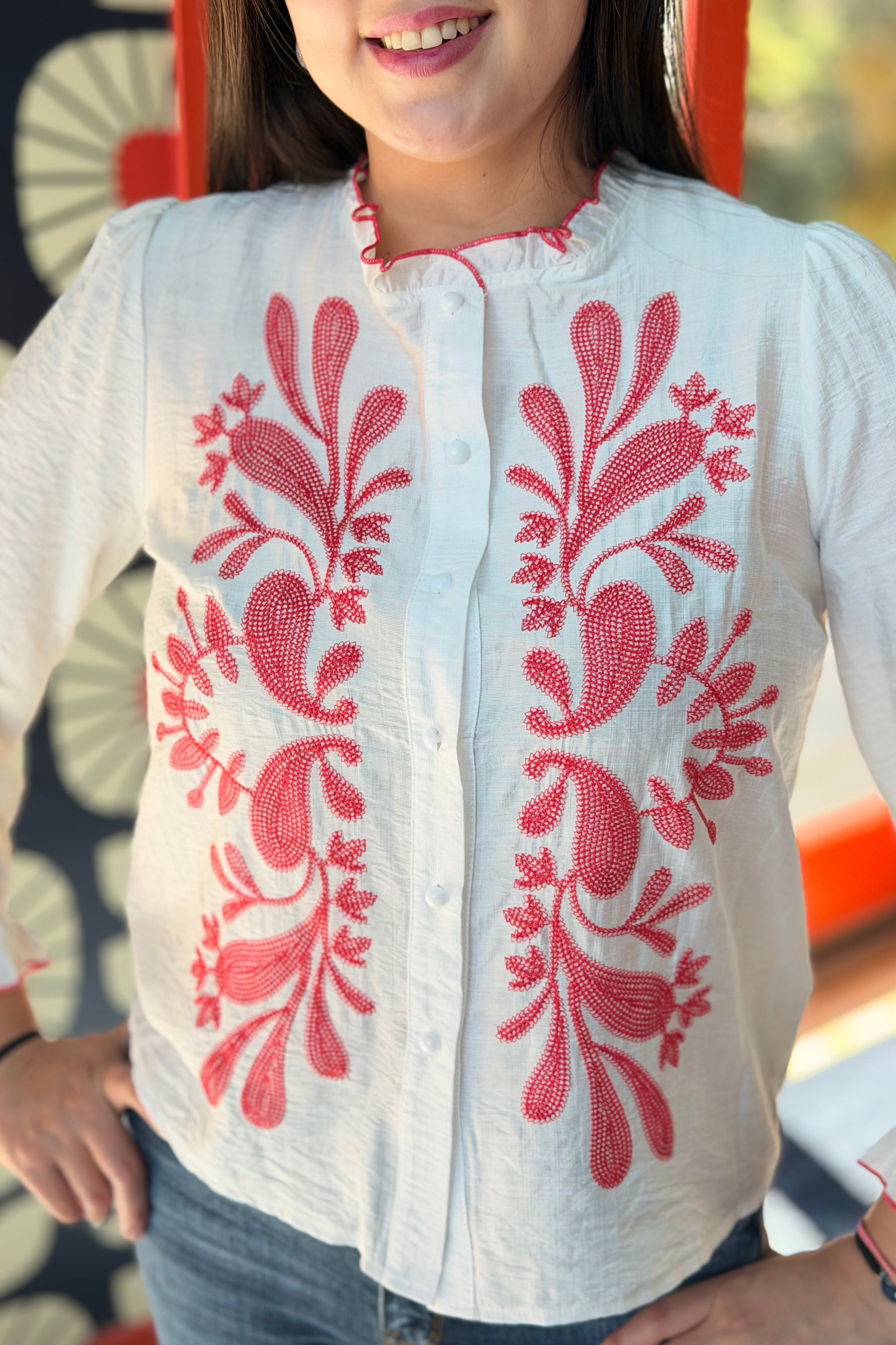 Ruffled Trim Floral Buttoned Blouse
