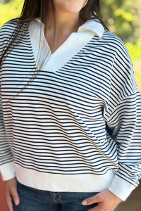 Striped Split Neck Collared Top - Navy