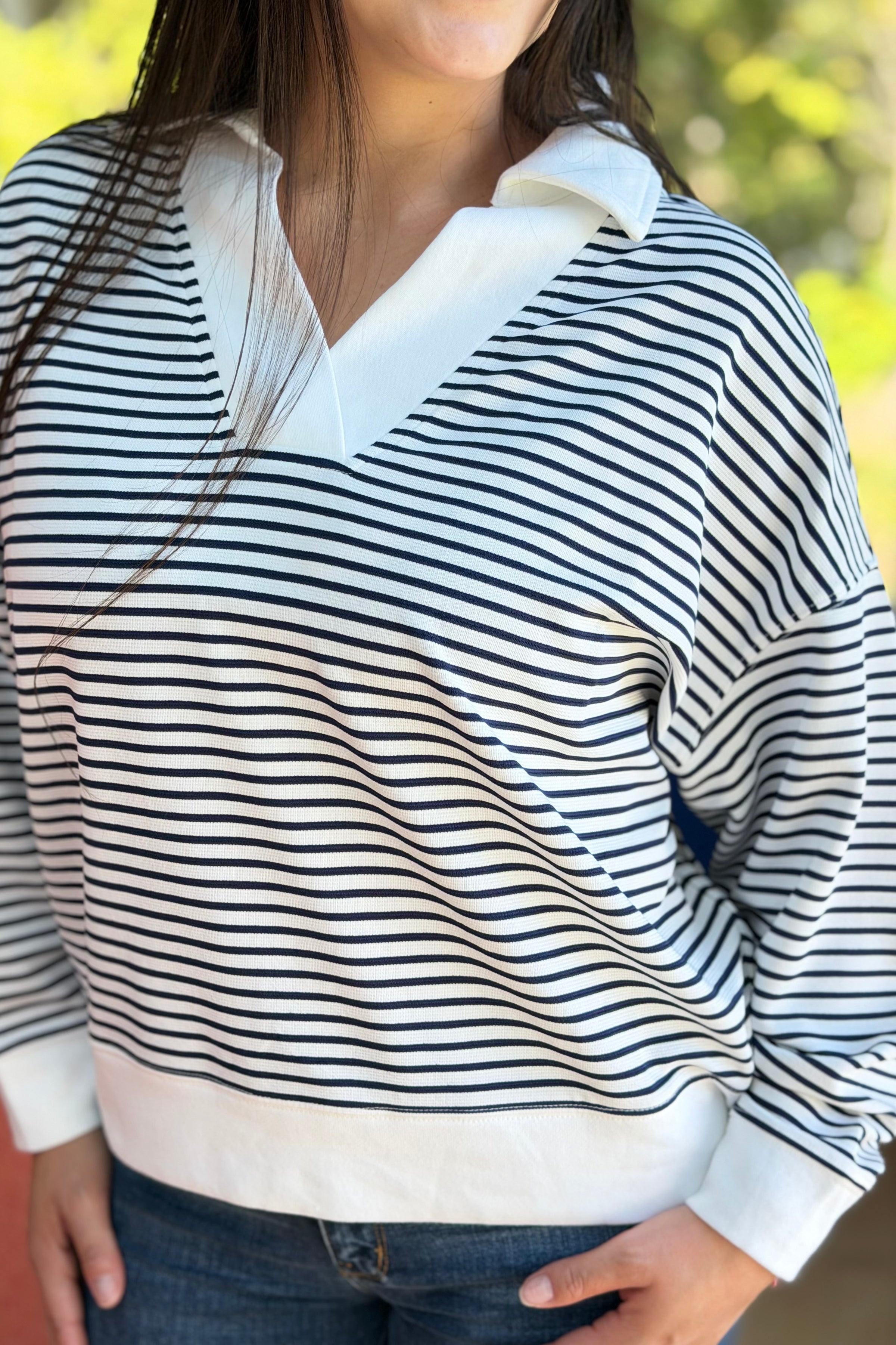 Striped Split Neck Collared Top - Navy