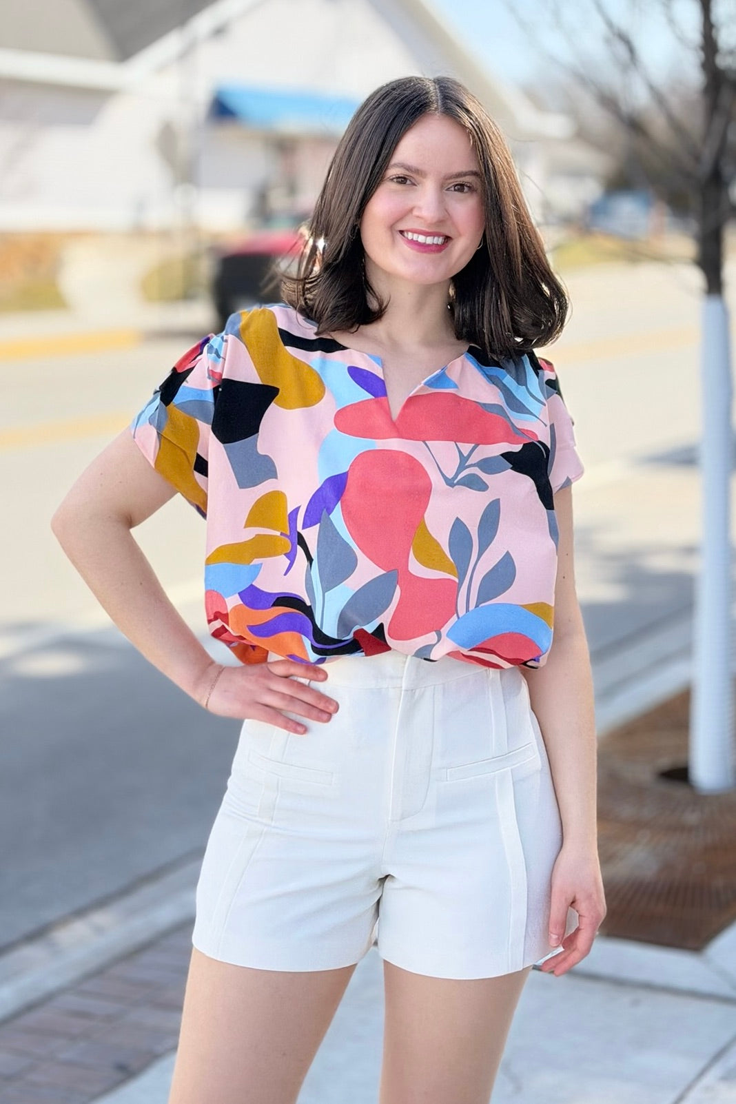 Short Sleeved Abstract Print Top - Peach