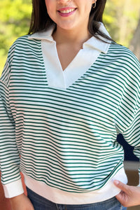 Striped Split Neck Collared Top - Green