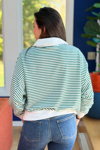 Striped Split Neck Collared Top - Green