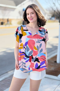 Short Sleeved Abstract Print Top - Peach