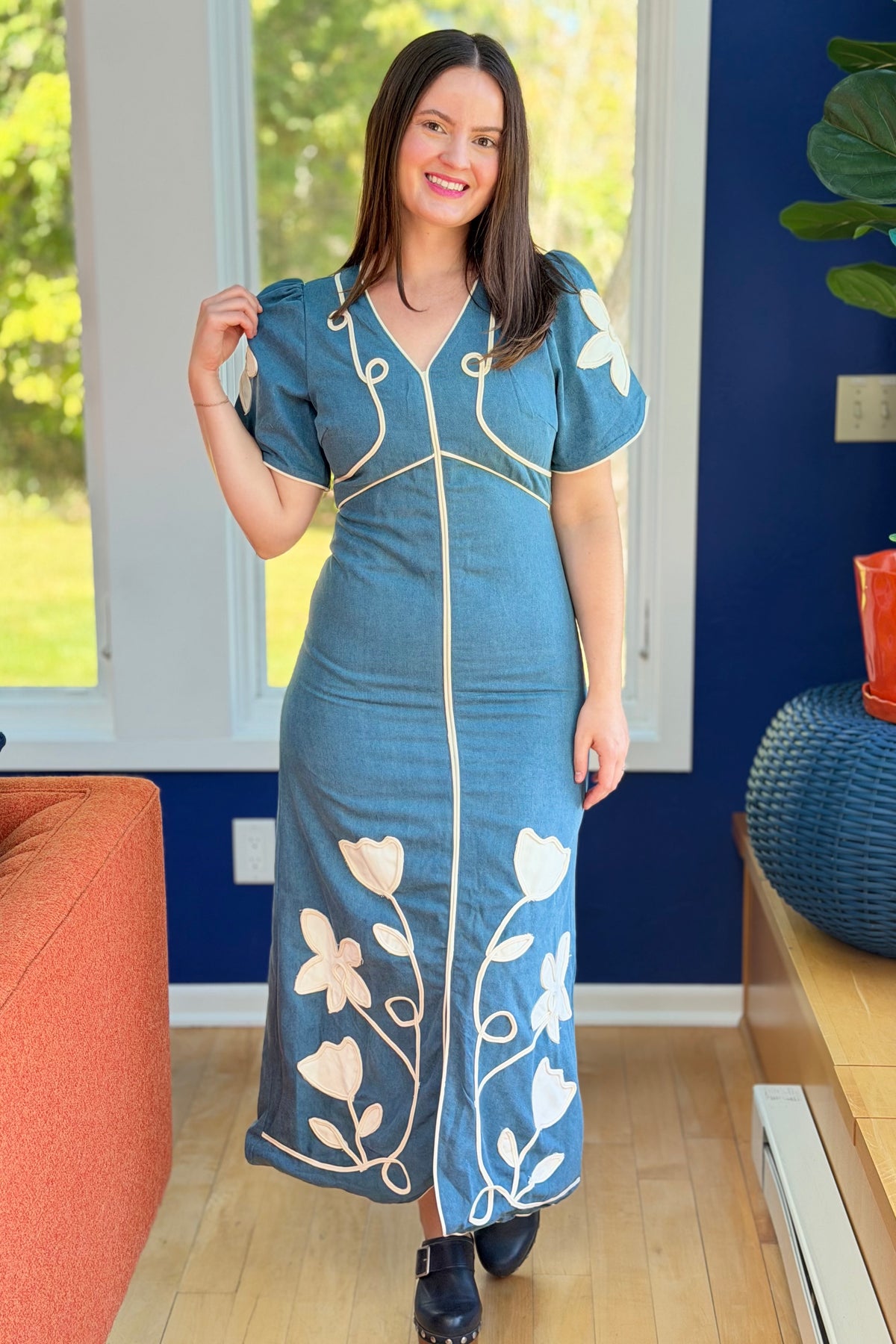 Floral Appliqué Contrast Midi Dress