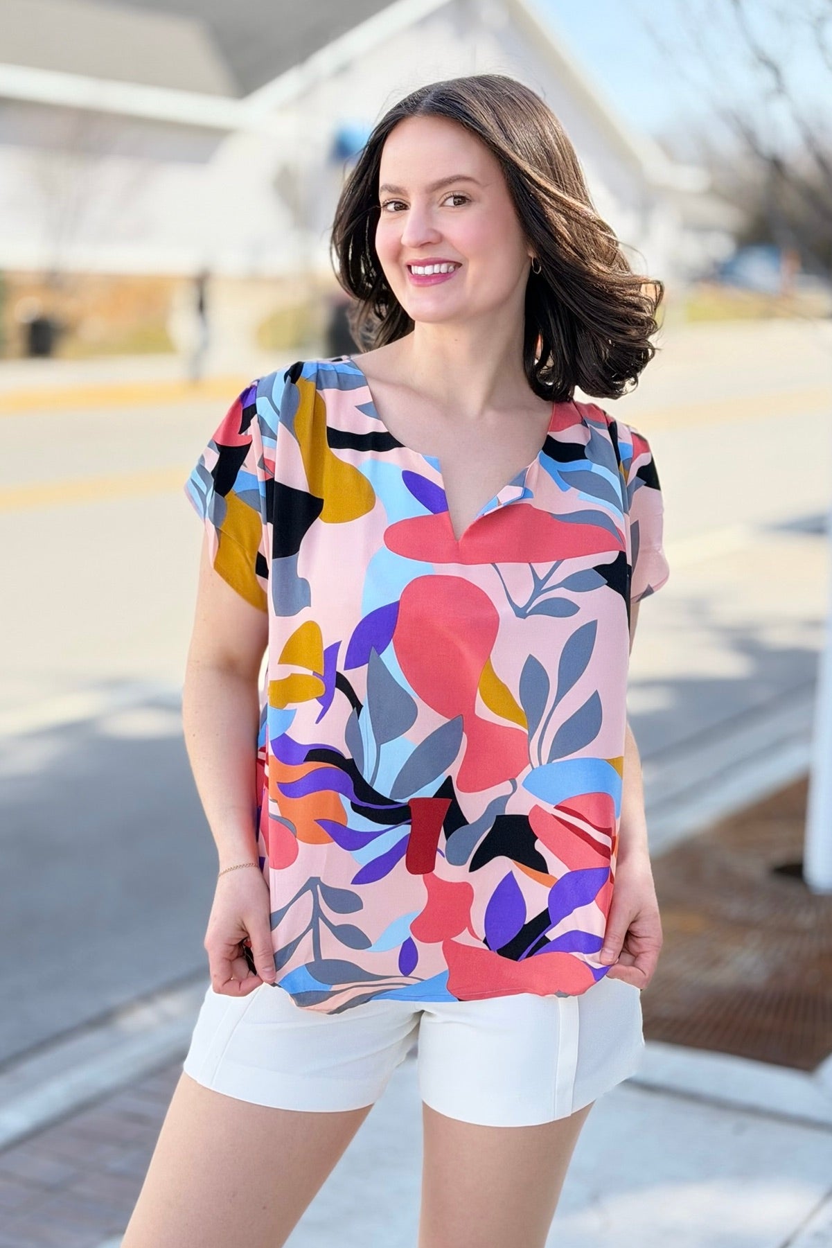 Short Sleeved Abstract Print Top - Peach
