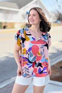 Short Sleeved Abstract Print Top - Peach