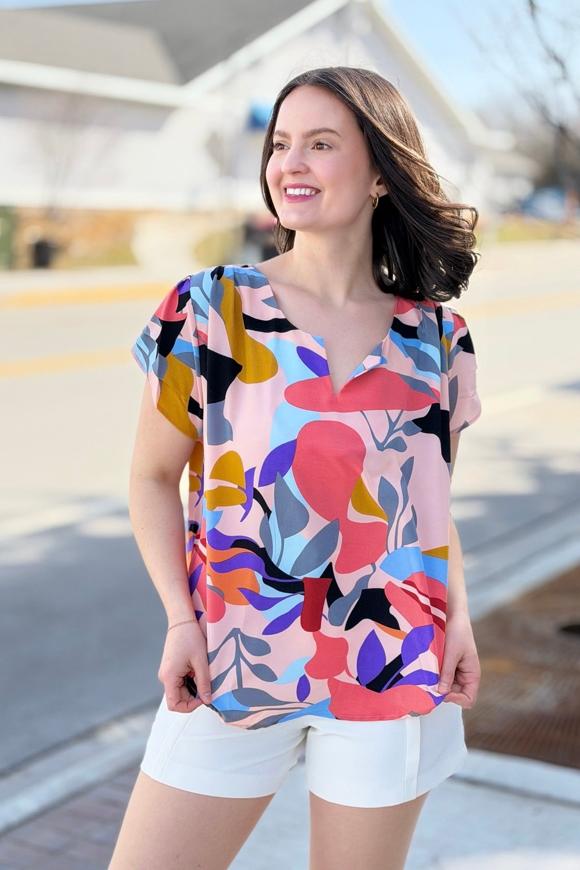 Short Sleeved Abstract Print Top - Peach