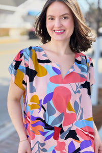 Short Sleeved Abstract Print Top - Peach