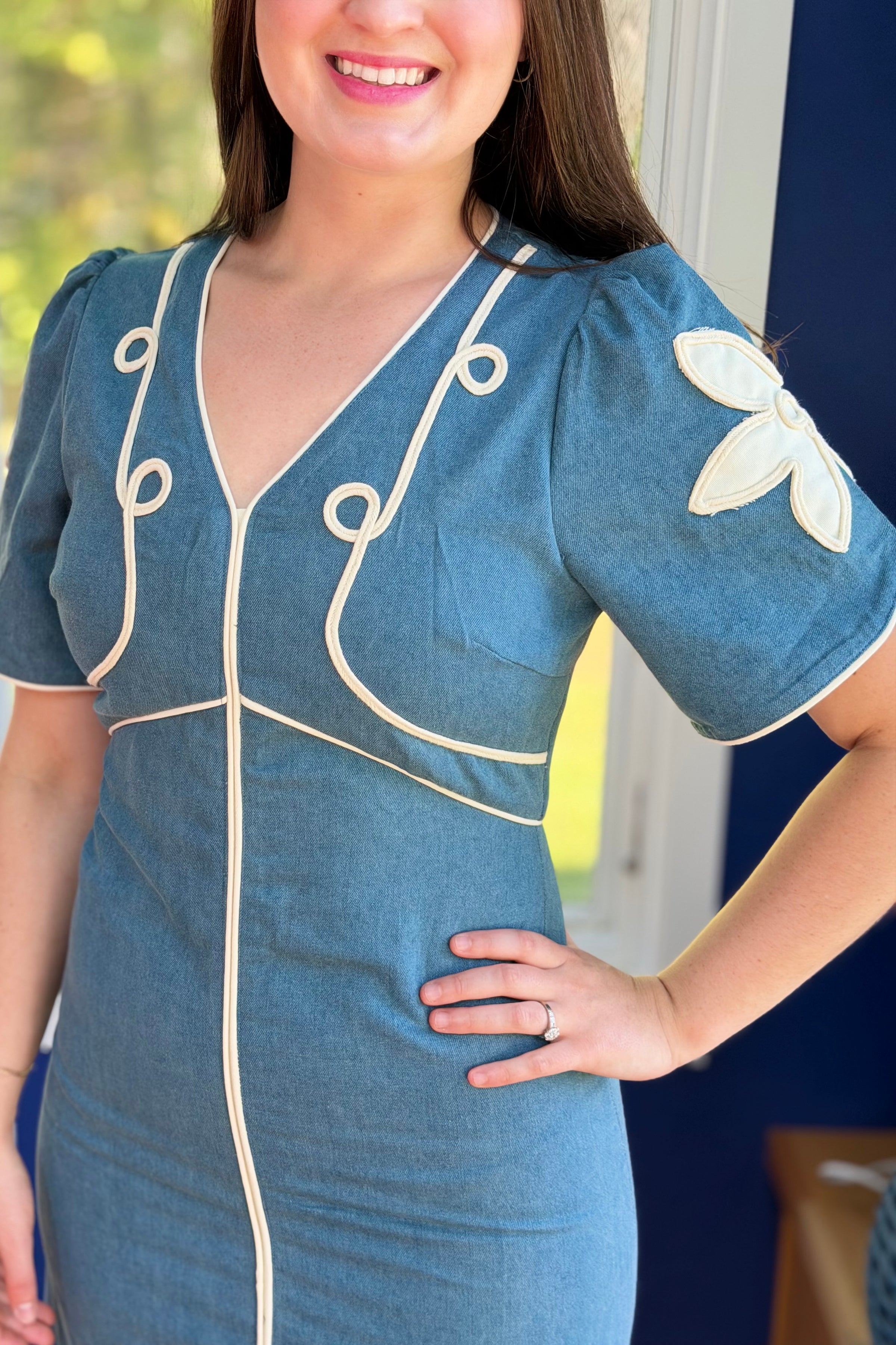 Floral Appliqué Contrast Midi Dress