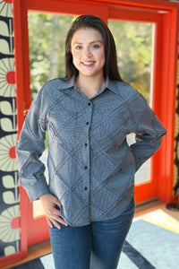 Textured Plaid Detail Button-Up Shirt