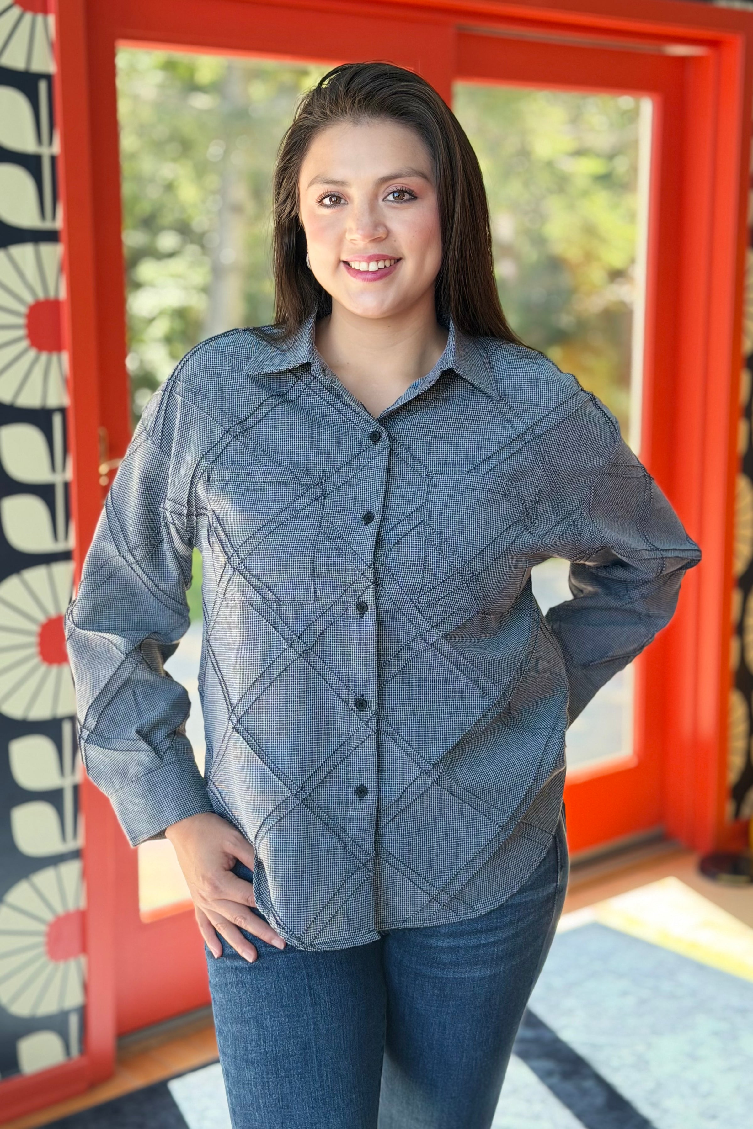 Textured Plaid Detail Button-Up Shirt