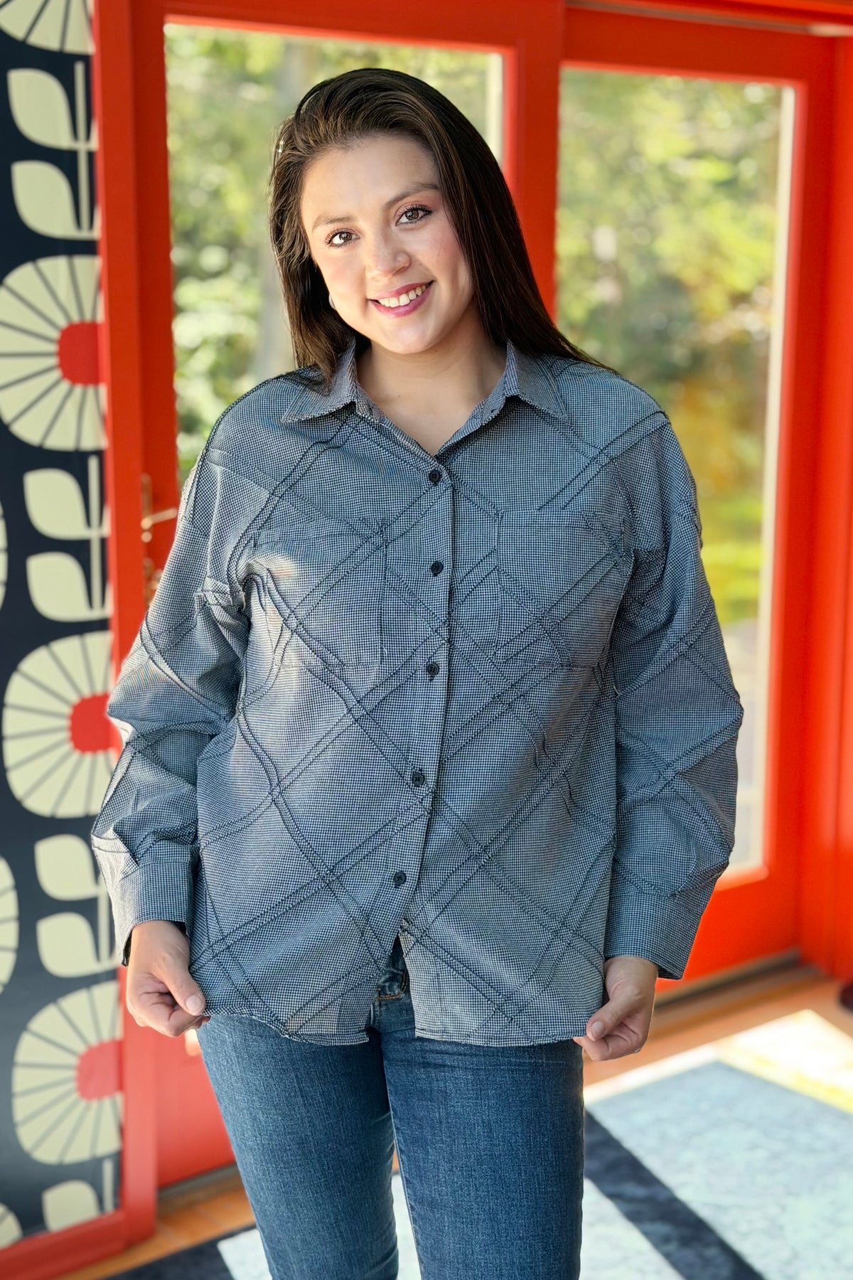 Textured Plaid Detail Button-Up Shirt