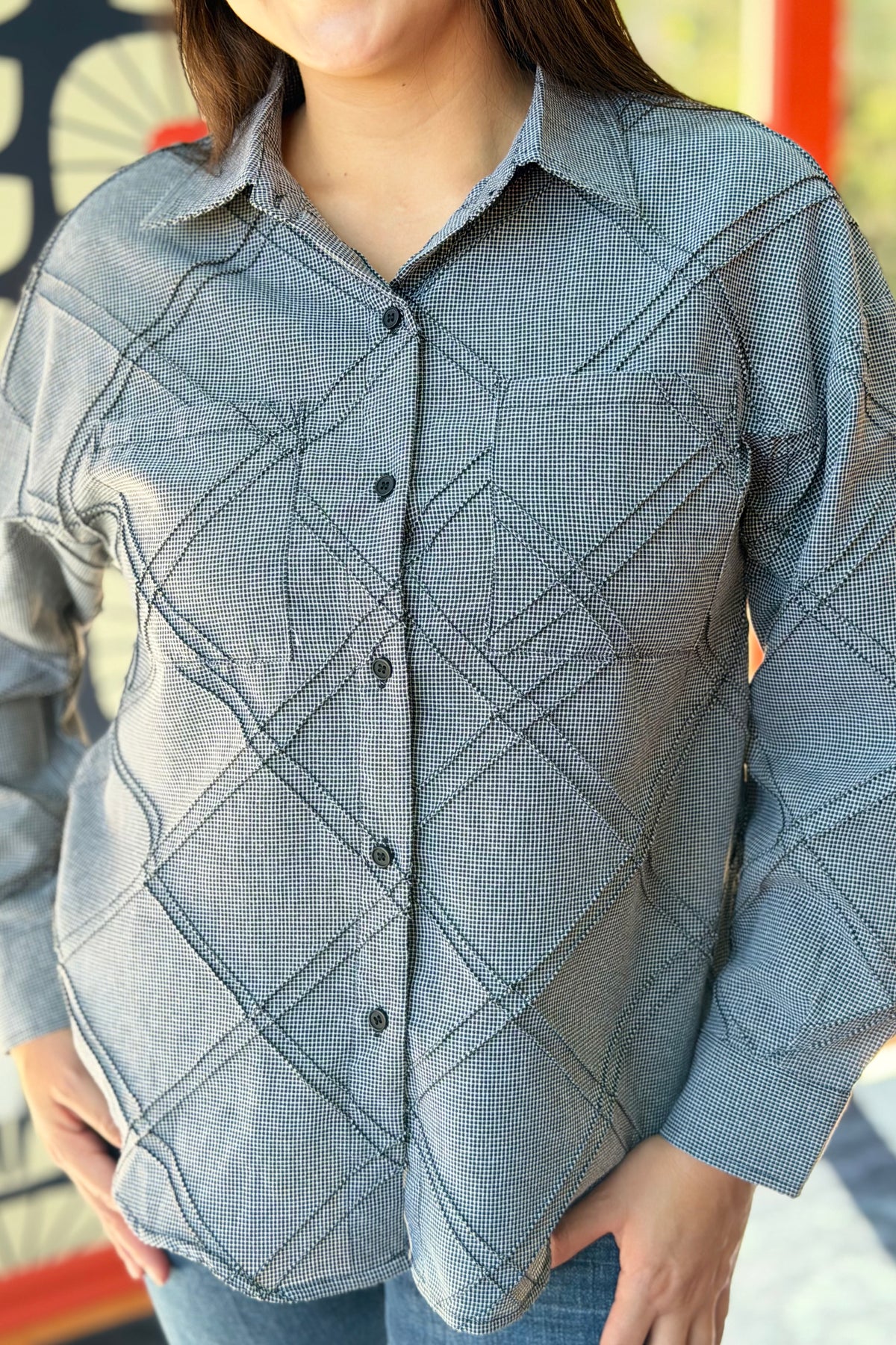 Textured Plaid Detail Button-Up Shirt