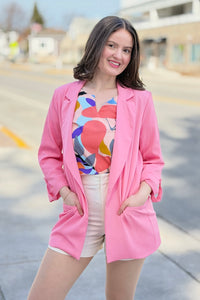 Roll Up Sleeve Open Blazer - Pink