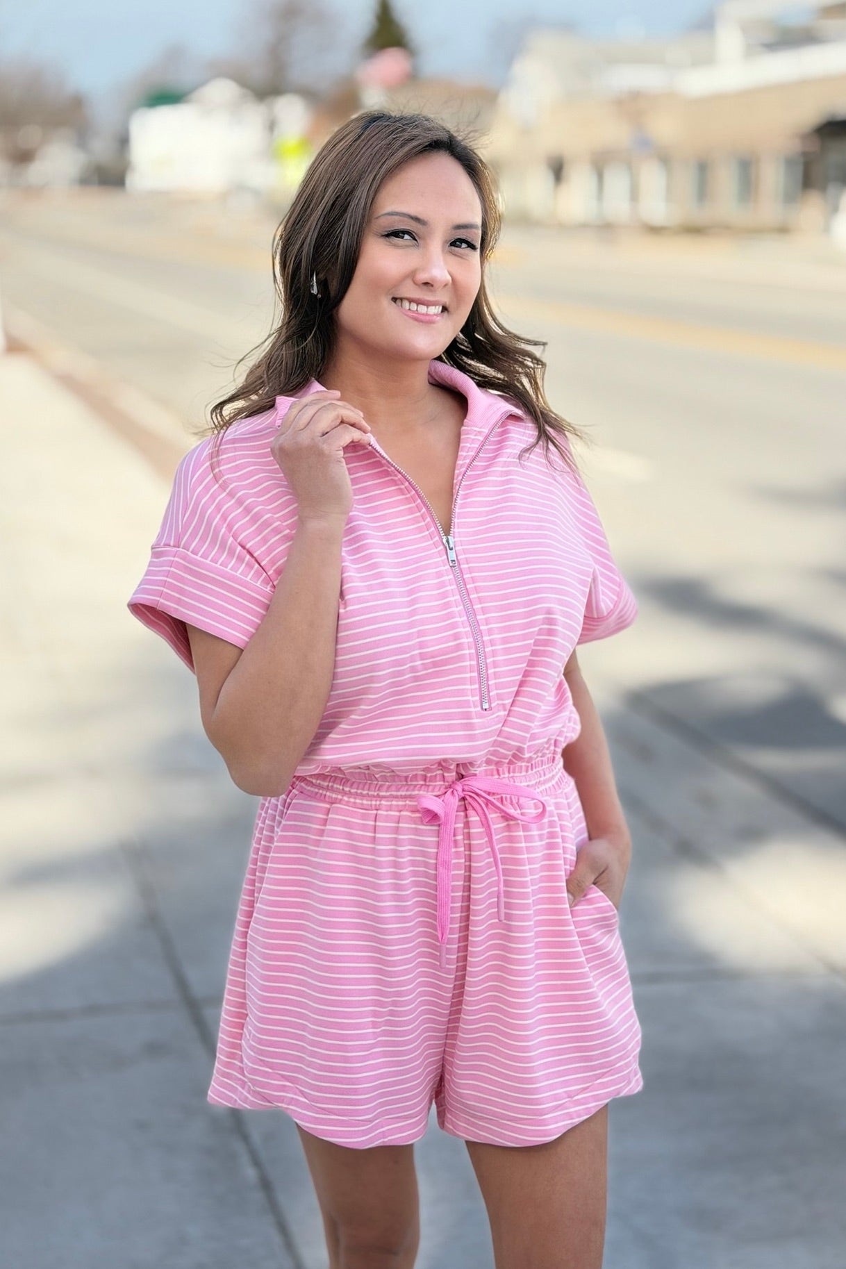 Striped Half Zip Romper - Pink