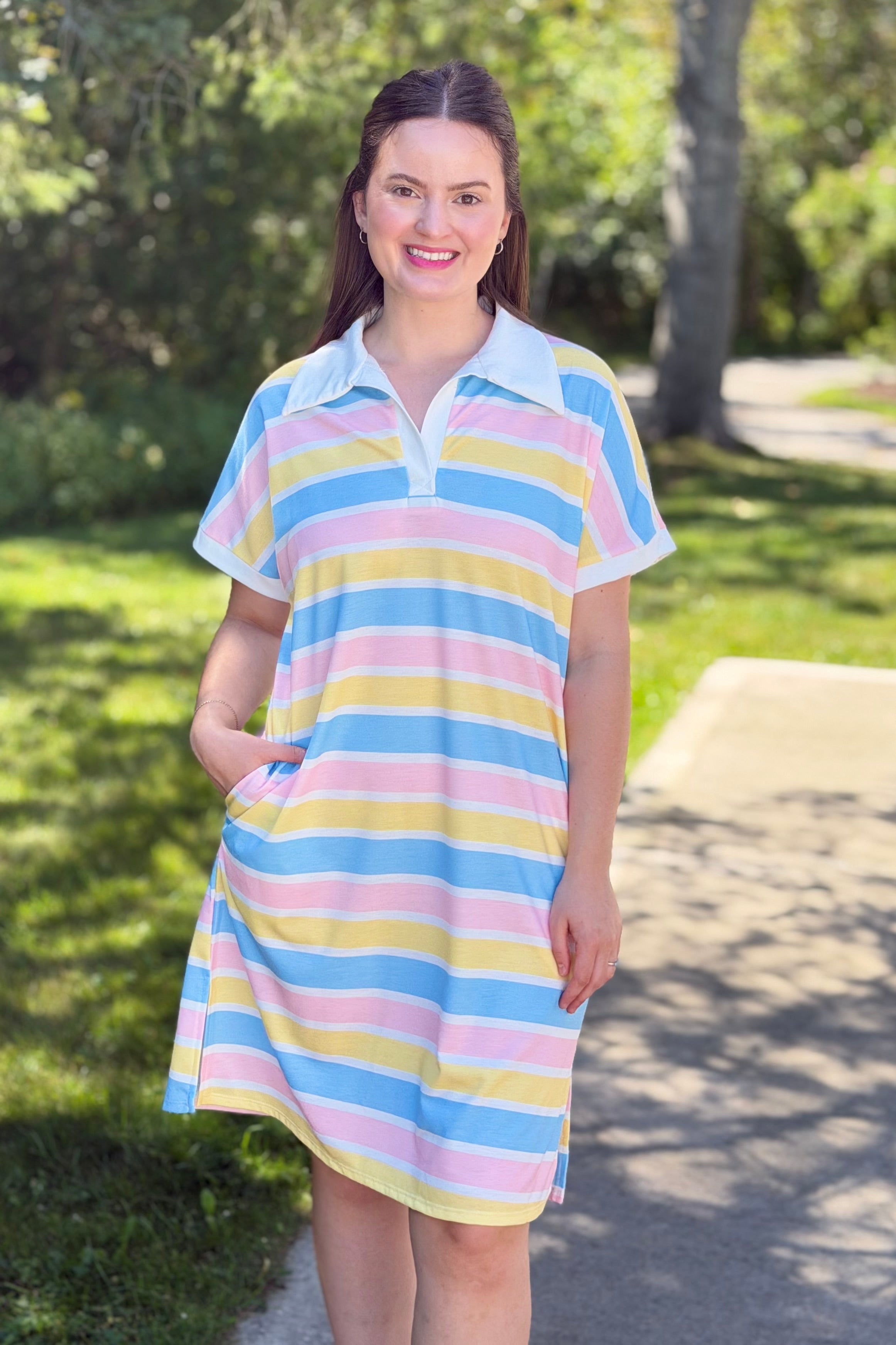 Relaxed Fit Collared Midi Dress - Striped