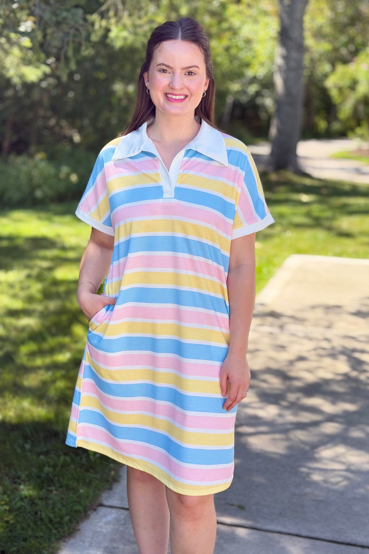 Relaxed Fit Collared Midi Dress - Striped